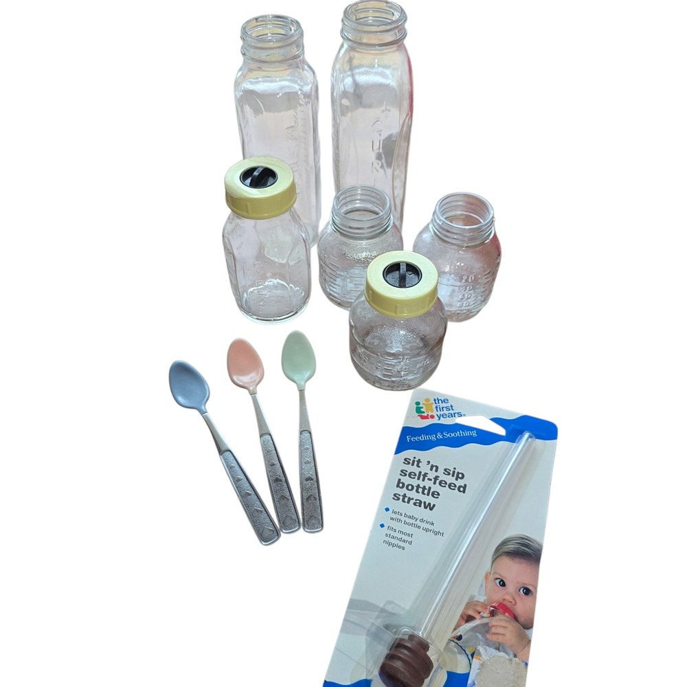 Vintage Glass Evenflo Curity Baby Bottles Self Feed Bottle Straw Baby Spoons